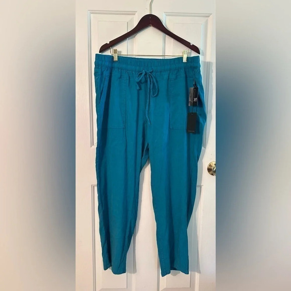 NWT KUT from the Kloth Sandra Smocked Waist Linen Blend Pant XXL Teal Cerulean - Picture 1 of 12